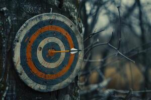 Old weathered archery target with arrow on tree in winter forest photo