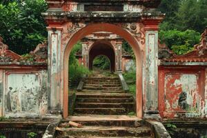 Ancient asian temple gate leading to overgrown stone steps photo