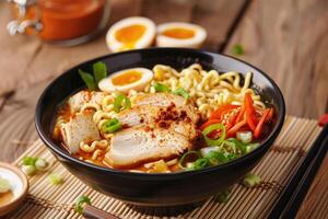 Steaming bowl of chicken ramen with tofu and boiled egg photo