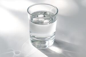 Glass of water with dissolving pills on white table with window reflection photo