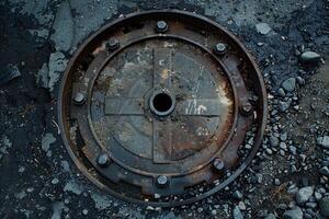 Rusty metal industrial hatch showing through broken asphalt road photo