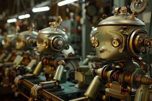 Row of vintage robots being built in a factory photo