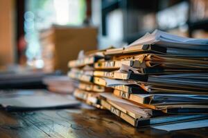 Stack of files piling up on a busy desk photo