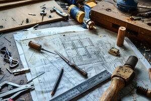 Architect desk covered with plans and tools for building project photo