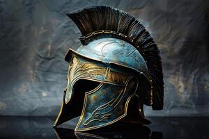 Ancient greek helmet standing on reflective surface with textured background photo
