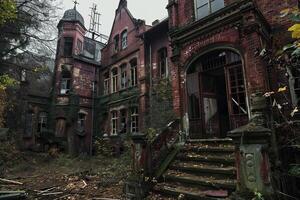 Abandoned mansion crumbling with broken windows and overgrown yard photo