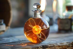 Round glass flask containing glowing atom model sitting on rustic table photo