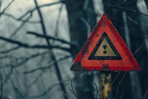 Rusty radioactive warning sign standing in a forest photo