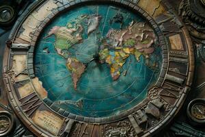Antique clock face showing world map and telling time passing by photo
