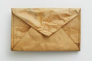 Old, stained envelope lying on white background photo