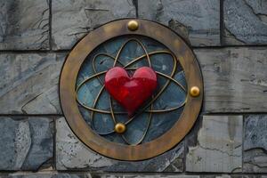 Red heart symbol surrounded by atom symbol in metallic frame on stone wall photo