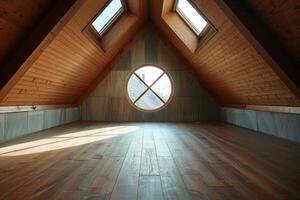 Empty attic with wooden floor and round window receiving sunlight photo