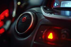 Red emergency button flashing on car dashboard at night photo