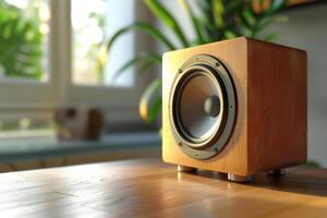 Wooden speaker resting on a table with plants in the background photo