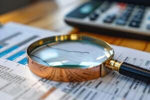 Magnifying glass examining financial charts and graphs on business documents photo