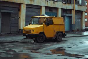 Small yellow cleaning truck cleaning the street after the rain photo