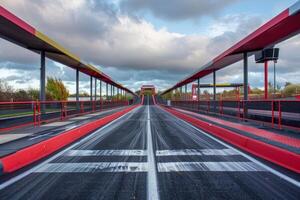 Empty drag racing track leading to finish line under cloudy sky photo