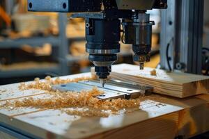 Cnc wood router creating sawdust while cutting wooden plank photo