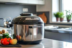 Modern multicooker standing on kitchen countertop with vegetables beside it photo