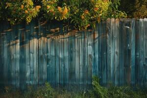 Weathered blue fence with climbing vines and golden light photo