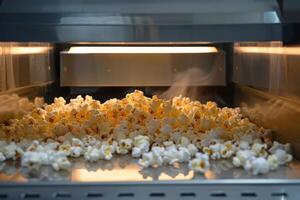 Popcorn machine warming up with freshly made popcorn inside photo