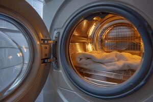 Modern washing machine with open door showing drying towel inside photo
