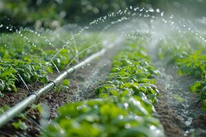 Irrigation system watering rows of green crops in agricultural field photo