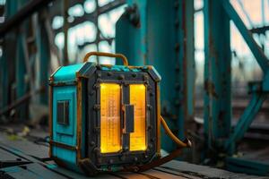 Steampunk industrial machine glowing in abandoned factory photo
