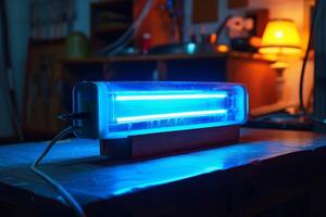 Uv lamp is disinfecting a table in a workshop photo