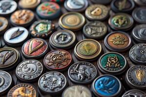 Many colorful fantasy rpg role playing game tokens laying on table photo