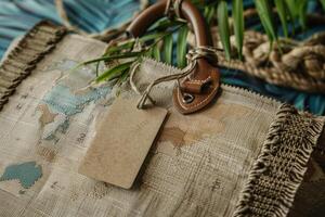 Closeup of travel bag with world map print showing blank label for text photo