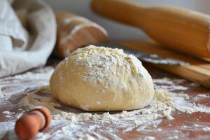 Fresh dough ball resting on a flour dusted wooden tabletop photo