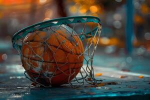 Old basketball resting in a worn hoop on a blurred background photo