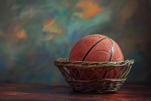 Basketball resting in a wicker basket on a wooden surface photo