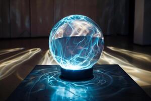 Plasma ball glowing on table with light streaks reflecting on floor photo