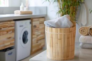 Bamboo laundry basket sitting on countertop with washing machine out of focus in background photo
