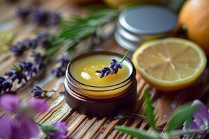 Cosmetic cream is standing on a wooden surface with lavender and lemon photo