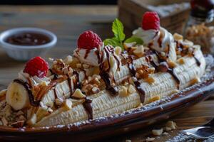 Banana split dessert with chocolate sauce, hazelnuts, raspberries and whipped cream on wooden table photo