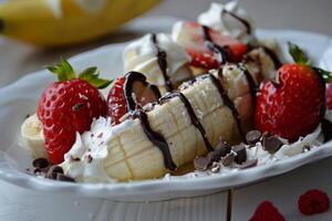 Banana split covered in chocolate sauce and topped with strawberries and whipped cream photo