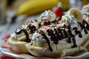 Two banana splits topped with whipped cream, chocolate syrup, and sprinkles are sitting on a plate photo