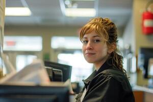 Young cashier smiling while working at checkout counter photo