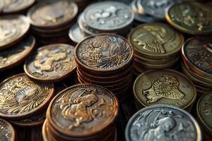 Ancient fantasy coins stacked on a wooden surface photo