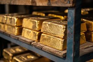 Gold bars stacked on shelf are gleaming under spotlights in secure vault photo