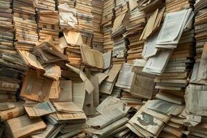 Stack of old books and papers overflowing from shelves photo