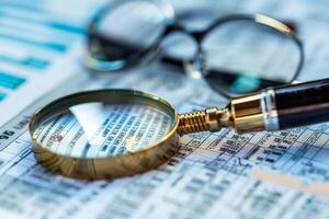 Magnifying glass exploring financial data on charts and graphs photo