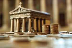 Miniature bank building standing on stacks of coins representing investment photo