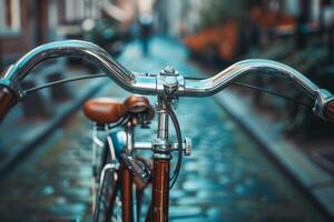 Shiny chrome handlebars taking in the city on a bicycle ride photo