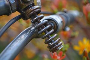 Close up of rusty vintage bicycle spring with flowers blurred in background photo