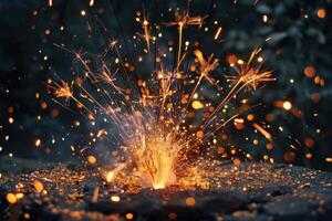 Fountain of sparks exploding in shower of orange light photo