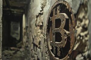 Rusty bitcoin sign hanging in abandoned building photo